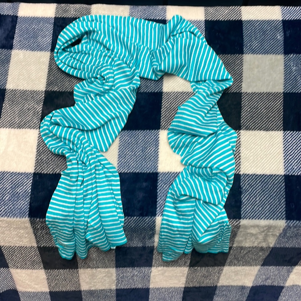 Turquoise and white striped scarf